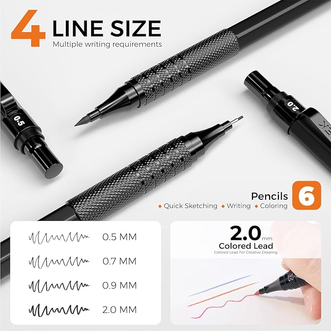 35PCS Black Art Mechanical Pencil Set in Case，0.5 0.7 0.9 2.0 Graphite Metal Drawing Drafting Pencils, Sharpener Erasers 384PCS Lead Refills (6B 4B 2B HB 2H 4H Colors) for Writing Sketching