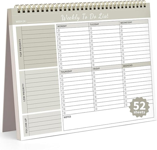 Weekly To Do List Notepad, 52 Undated Sheets （8.5"×11") Duplex-printed Daily Planner For Work Home School Office Desk Accessories Supplies & Goal Setting Tasks - Beige