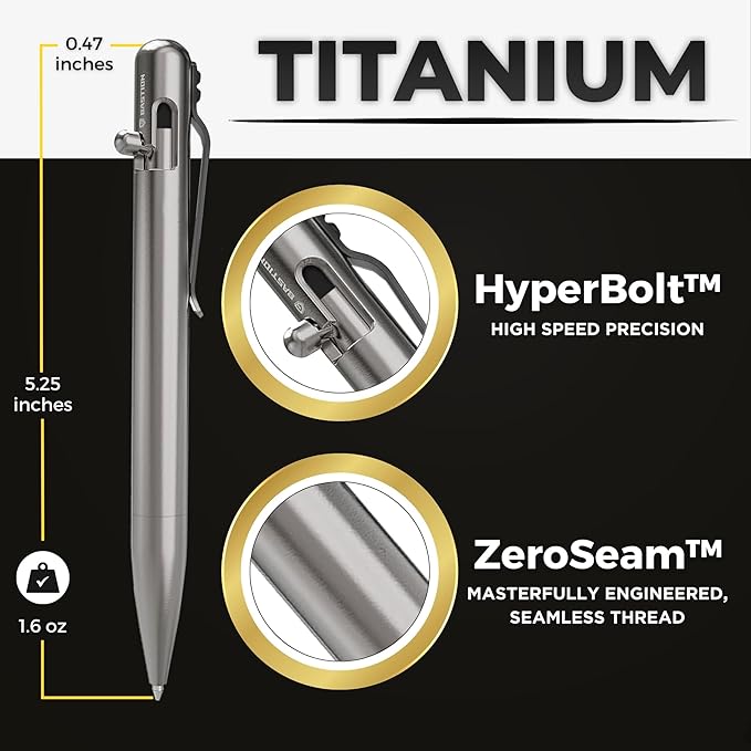 BASTION® Luxury Bolt Action Pen, Durable Professional Ballpoint Pen with Fine Tip, EDC Pen Ink Refillable Pen - 100% Titanium