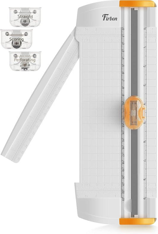 Firbon 3-in-1 Paper Cutter, 9" Compact A5 Paper Trimmer with Straight Cut, Scoring & Perforating Blades for Cardstock, Scrapbooking, Crafting, Labels & Home Office (Orange)