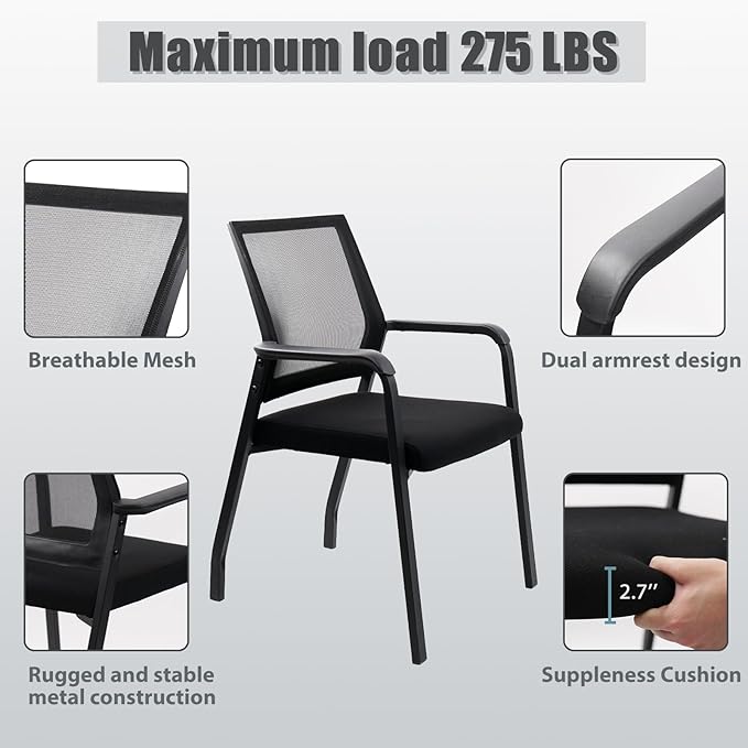 Desk Chair No Wheels, Arm Chair with Ergonomic Lumbar Support and Thickened Seats Cushion, Waiting Room Chairs for Office School Church Guest Reception, 4 Pack Black