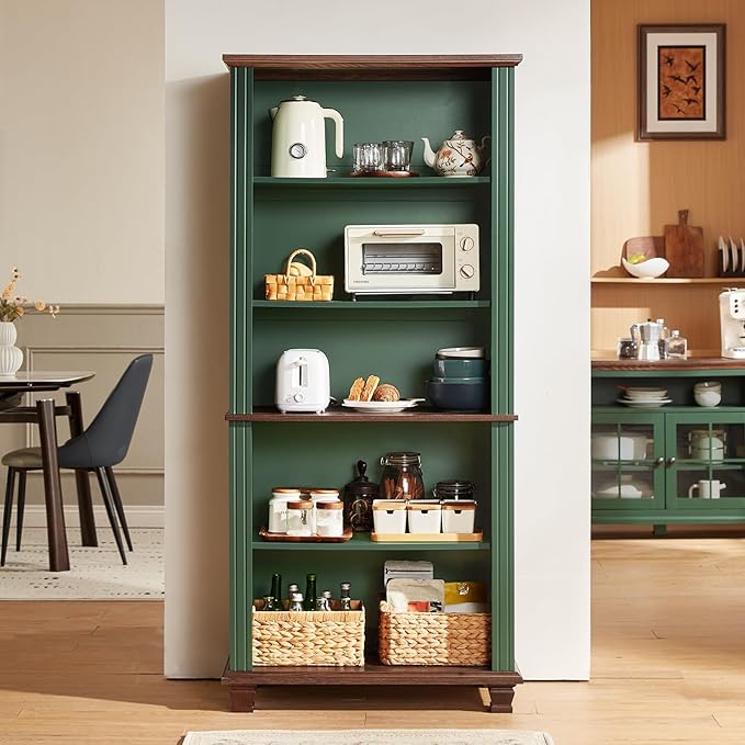 70" Tall Green Bookshelf,5 Tier Wooden Book Shelf with Adjustable Shelves & Wood Legs,Free Standing Farmhouse Bookcase with Open Display Storage,Vintage Bookshelves for Library, 2PCS