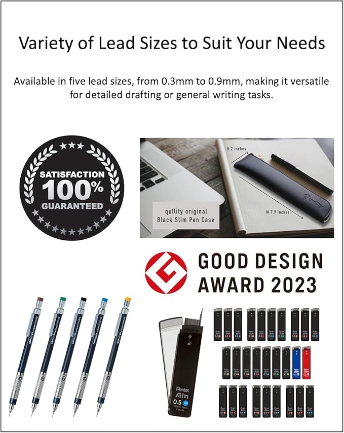 Graphlet Mechanical Drafting Pencil + Ain HB/B/2B leads, original Black slim pen case (5 sizes)