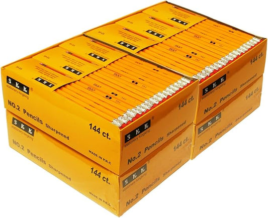 SKKSTATIONERY 576 Pack Pre-sharpened pencils, Bulk Yellow Sharpened Pencils with eraser top, # 2 HB pencil for classroom office Back to school Supplies, Writing, Drawing and Sketching 144Pcs*4Box.