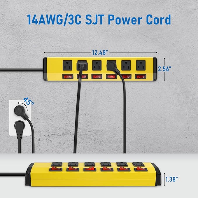 ANNQUAN 6 Outlet Metal Power Strip with 6 Individual Switches,Heavy Duty Power Strip 1200J 15A 50FT Cord Home Office Industrial Commercial Shop