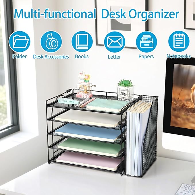 AUPSEN Desk Organizers and Accessories, 5-Tier Desktop Paper File Organizer with Removable File Holder, Desk Accessories & Workspace Organization for Home Office Supplies (Black)
