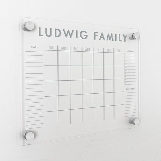Personalized Clear Acrylic Calendar for Wall, Calendar Whiteboard for Wall, Dry Erase Wall Calendar, Wall Calendar Organizer System for Home (Block, Grey, 14"W x 11"H)
