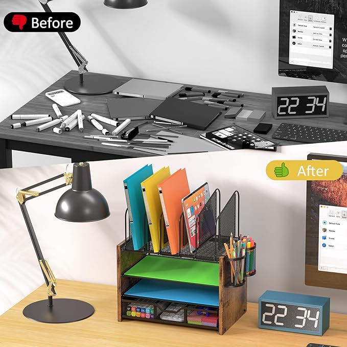 4-Tier Mesh Desk Organizer, Wooden Desk File Organizer with 5 Vertical File Holders and 2 Pen Holders, Desktop Organizers and Accessories with Drawer for Home Office