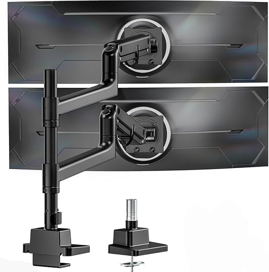 monTEK Dual Monitor Arm for up to 57" and 59.4 lbs Ultrawide Screen, Aluminum Heavy-Duty Gas Spring Vertical Stackable Curved Screen Adjustable Monitor Stand, 75/100mm Vesa Mount, Black