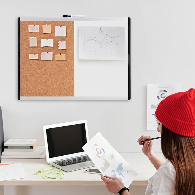 Amazon Basics Rectangular Magnetic Whiteboard & Cork Board Combo for Home, Office and Classroom, Plastic/Aluminum Frame, White,Yellow, 17" x 23"