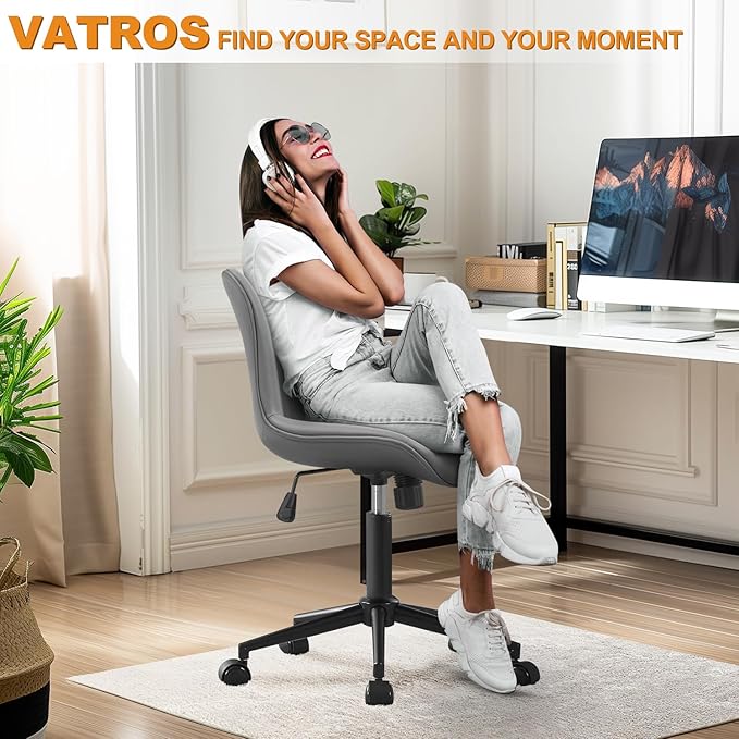Office Chair, Armless Desk Chair with Wheels, Ergonomic Comfy Home Office Computer Task Chairs, Faux Leather Padded Cute Vanity Chair, Adjustable Height Swivel Chair with Back,Gray