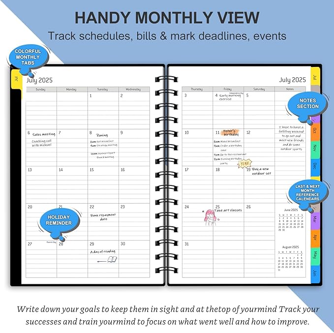 Daily Planner 2025-2026, July 2025 - December 2026, Yearly Monthly Weekly Daily Academic Calendar Planner, 18 Month with Tabs, Time Management Manual, 100GSM Thick Paper, A5 Size, Black