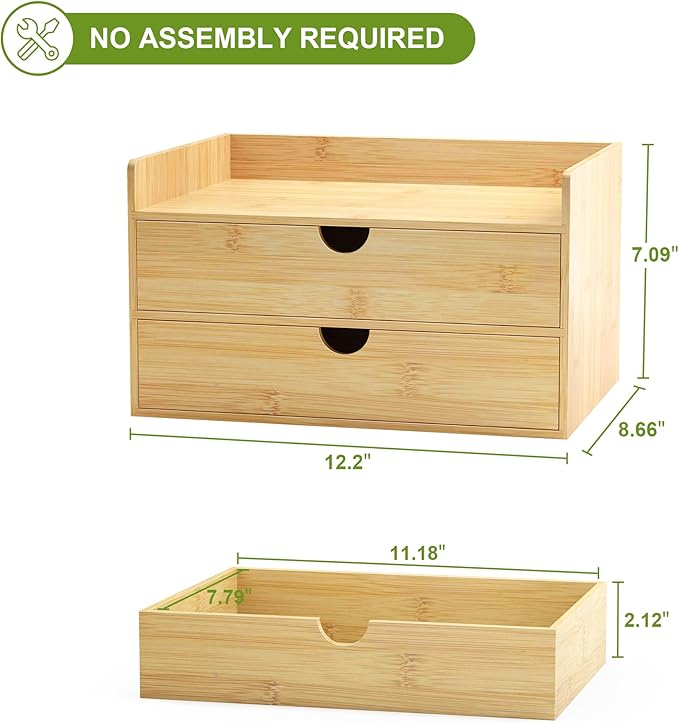 Wisuce Bamboo Desk Drawer Organizer, 2 Drawer Desktop Organizer with Drawers Tabletop Storage Organization Box for Office Home Toiletries Supplies Vanity, No Assembly Required