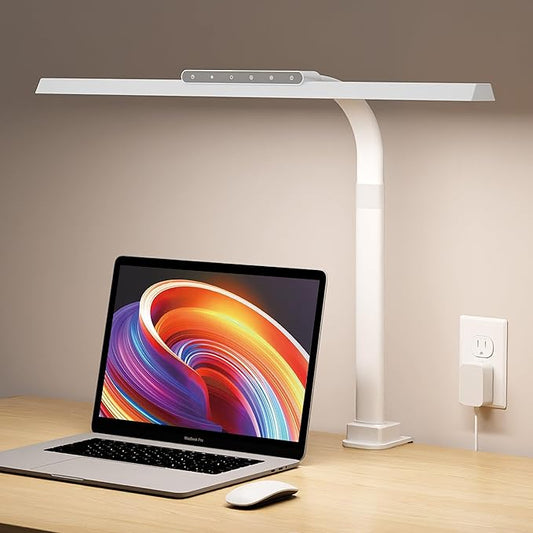 LED Desk Lamps for Home Office, 24W Bright Eye-Caring Desk Light with Clamp, Stepless Dimming Adjustable Flexible Gooseneck Clip on Office Lamp with Adapter for Reading, Study, Workbench,White