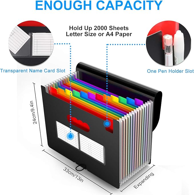 3 Pack Expanding File Folder with Blank Label, 12 Pocket Accordian File Organizer Document Storage Organizer, Desktop Accordion Folders File Keeper A4 Letter Size for Home School Office