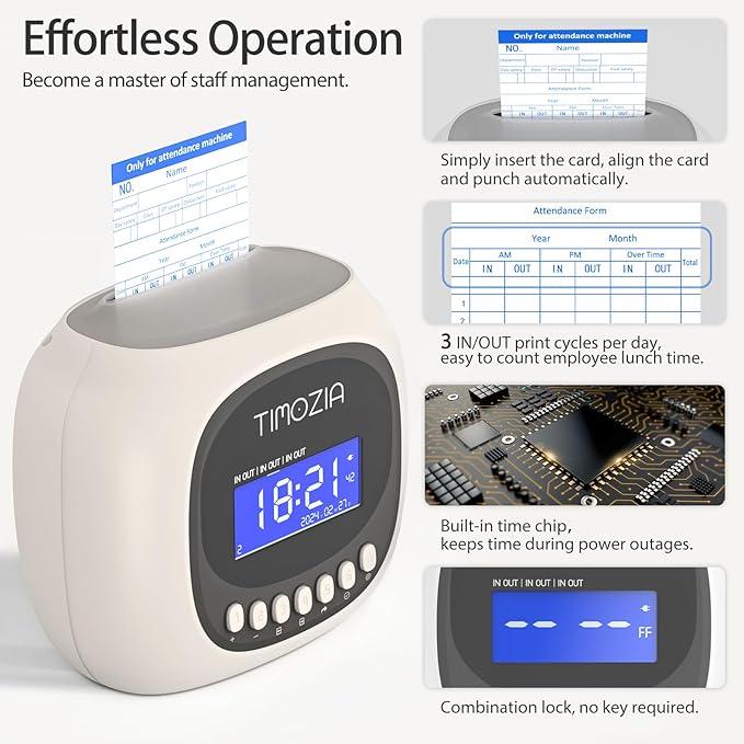 Time Clocks for Employees Small Business, Auto-Align Time Clock, 6 Punches per Day Time Machine, Clock in Machine for Employees with 100 Time Cards, 2 Ink Ribbons and 4 Racks(Military time)