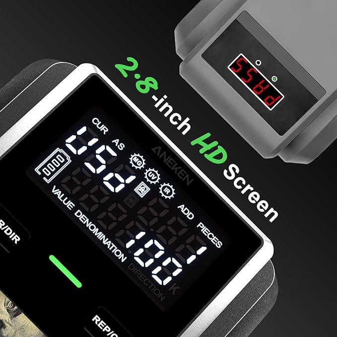 Aneken AL-139 Counterfeit Bill Detector with 2.8" Digital Screen, Total Value & Add Function, 4-Way Orientation & Traceable Records Counterfeit Money Detector, Compatible with USD/EUR/GBP/MEX