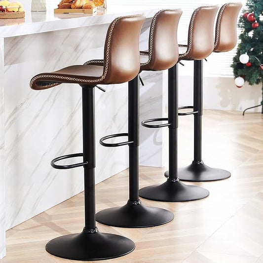 HeuGah Swivel Bar Stools Set of 4, Counter Height Bar Stools with Back, Adjustable Bar Stools 24" to 32", Brown Faux Leather Bar Chairs for Kitchen Island (Brown, Set of 4 (24'' to 32''))