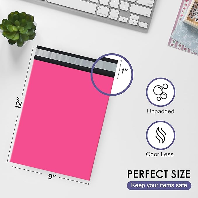 Hot Pink Poly Mailers 9x12 Inch | Strong Adhesive Self-Seal mailer Bags | Tamper, Tear, Water Resistant Shipping Envelopes | Thick Strong Material Polymailer Bags Clothing Bag | 1000 Pack Bulk