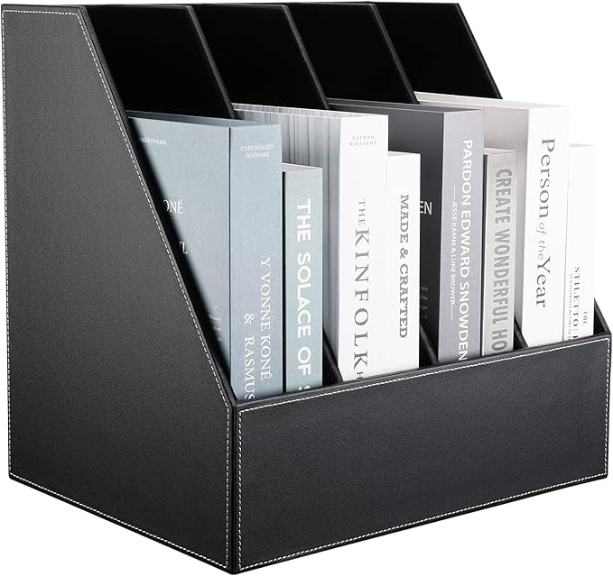 KINGFOM 4-Slot Wood Leather Document Files Holder Rack Stand Desk Files Organizer Papers Collection Cabinet (4 slot Black)