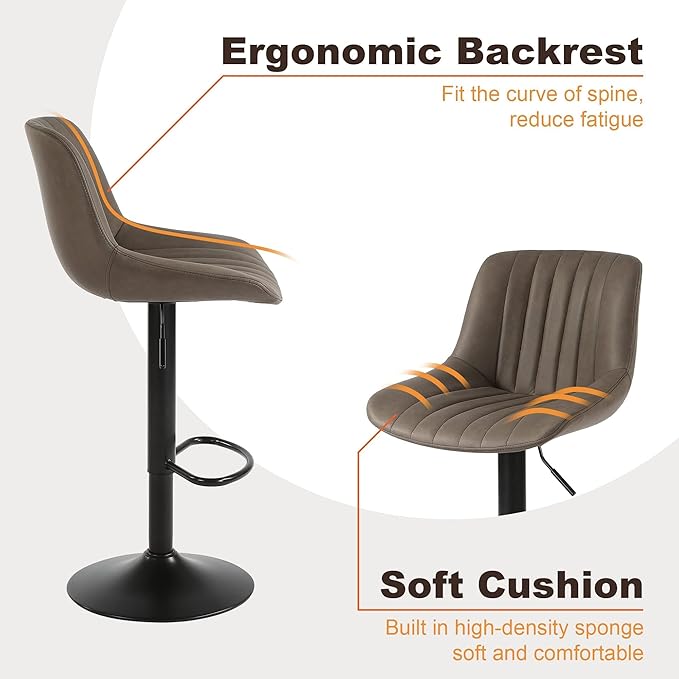 Bar Stool Set of 1, Adjustable PU Leather Bar Chairs, Swivel Counter Height Barstools with Back, Modern Armless Kitchen Island Stool, Brown