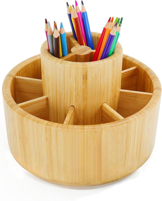 Utoplike Bamboo Rotating Art Supply Desk Organizer, Pencil Holder Organizer, Desktop Storage Caddy for Pen, Colored Pencil, Crayon, Paint Brushes, Art Studio&Office