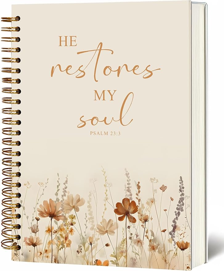 Bible Notebook, A5 Spiral Christian Journal, Bible Verse-He Restores My Soul, Inspirational Notebooks for Women, Bible Study, Gift for Birthday Christmas, Office Supplies (Light coffee color)