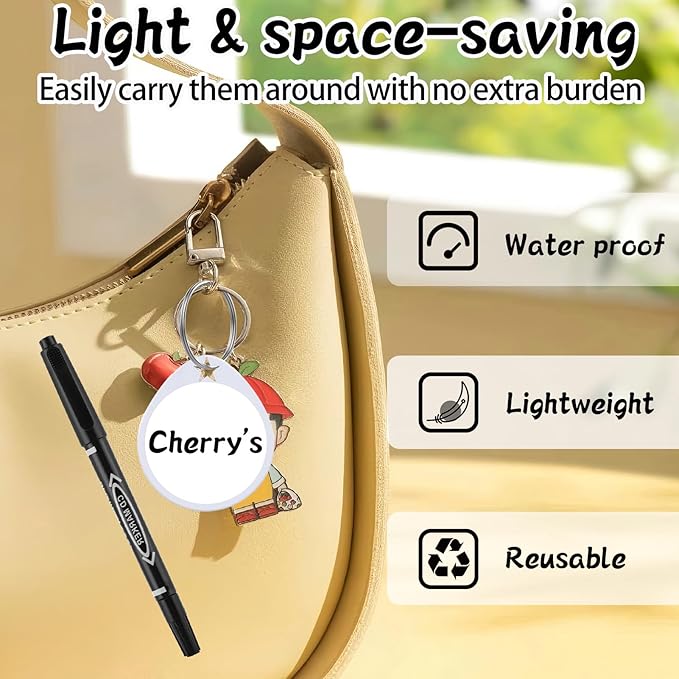 1.57 Inch Plastic Key Tags Round White Item Identifiers with Blank Paper Label Stickers and Pen, Metal Split Ring Tags Ideal for Home,Office and Rental Management Use,100 Pack