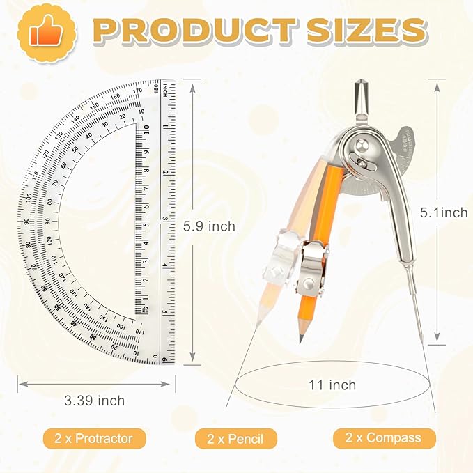 4 Pack Geometry Tool Set, Math Compass for Geometry and 6 Inch Protractor Set Include Metal Compass with Pencil and Clear Plastic Protractor for Student Classroom Office Woodworking Art Drawing