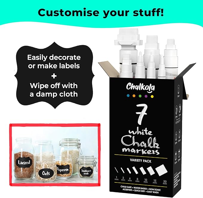 7 White Chalk Markers for Chalkboard Signs, Blackboard, Car Window, Bistro, Glass | 7 Variety Pack - Thin, Fine Tip, Bold & Jumbo Size Erasable Liquid Chalk Pens (1mm, 3mm, 6mm, 8mm, 10mm, 15mm, 30mm)