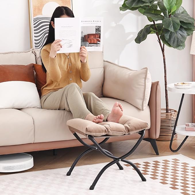 LITA Folding Upholstered Footrest Stool, Modern Small Portable Accent Ottoman with Detachable Thick Cotton Cushion Padded Sofa Stool with Metal Frame for Lazy Chair, Living Room & Bedroom, Khaki