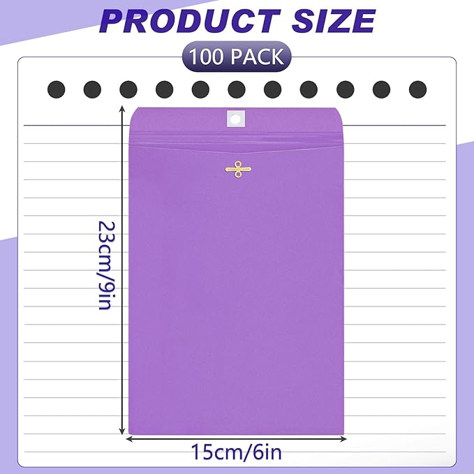 Geyee 100 Pcs Clasp Manilla Envelopes 6 x 9 Inch Gummed Colored Envelopes for Storing or Mailing for Home Office Business Supplies(Purple)