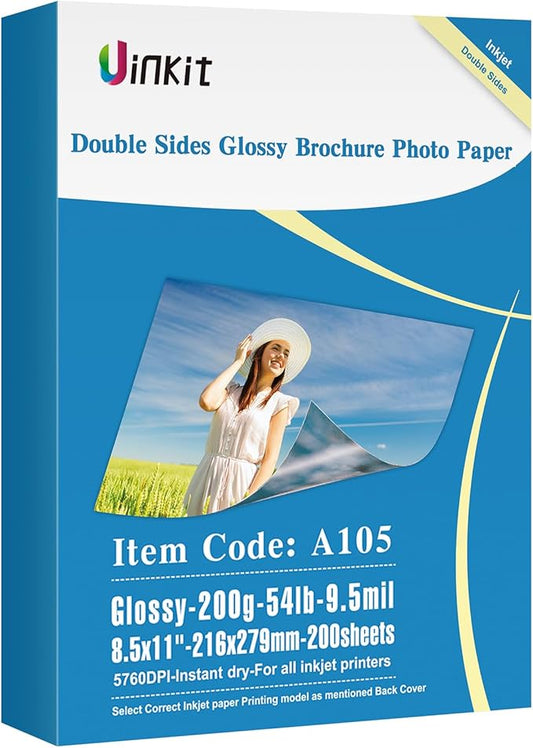 Uinkit 200 Sheets Double Sided Photo Paper Glossy 8.5x11 54lbs Inkjet for Dye Ink 200Gsm Value Bulk Pack Picture 8.5 x 11 9.5Mil for Inkjet Printing Printer (200sheets, 8.5x11)