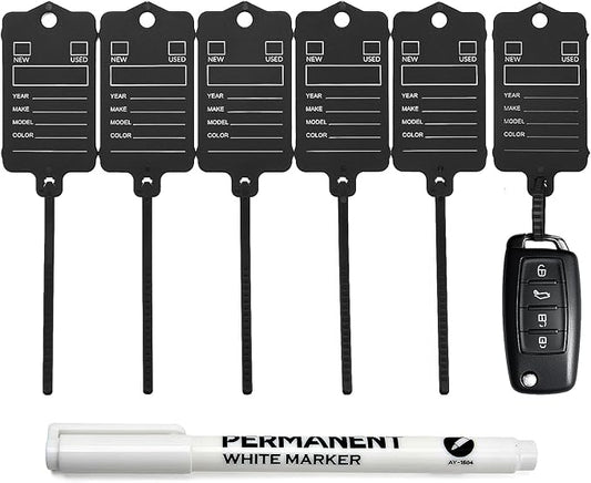 100 Car Key Tags with Labels Plastic Car Dealership Key Tags Self Locking Automotive Identifiers Blank Shop Labels with One Pen (Black)
