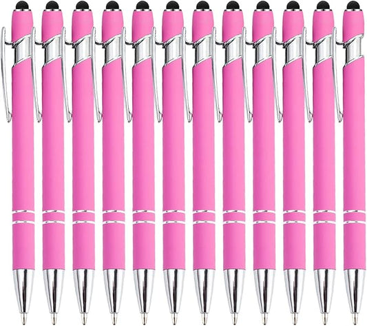 PASISIBICK 12 Pieces Pink Ballpoint Pen with Stylus Tip, 2 in 1 Stylus Stylish Pen, Premium Metal Stylus Pen for Touch Screens, Black Ink, 1.0 mm Medium Point(12 PCS Pink)