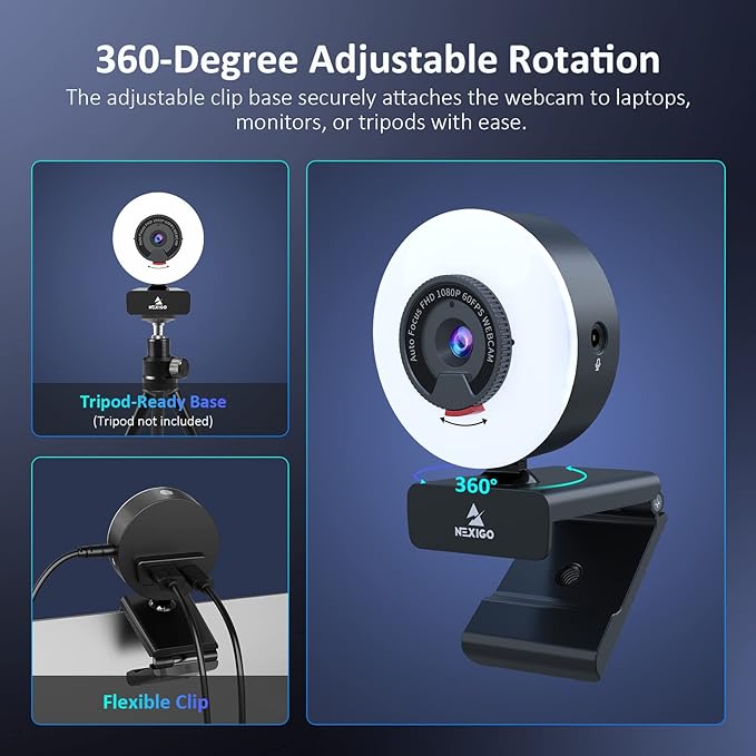 NexiGo N960E Pro 60FPS Webcam with Mic/Headset Jack and Extra USB Port, 1080P Web Camera with Light, Fast AutoFocus, Built-in Privacy Cover, for Zoom Meeting Skype Teams Twitch