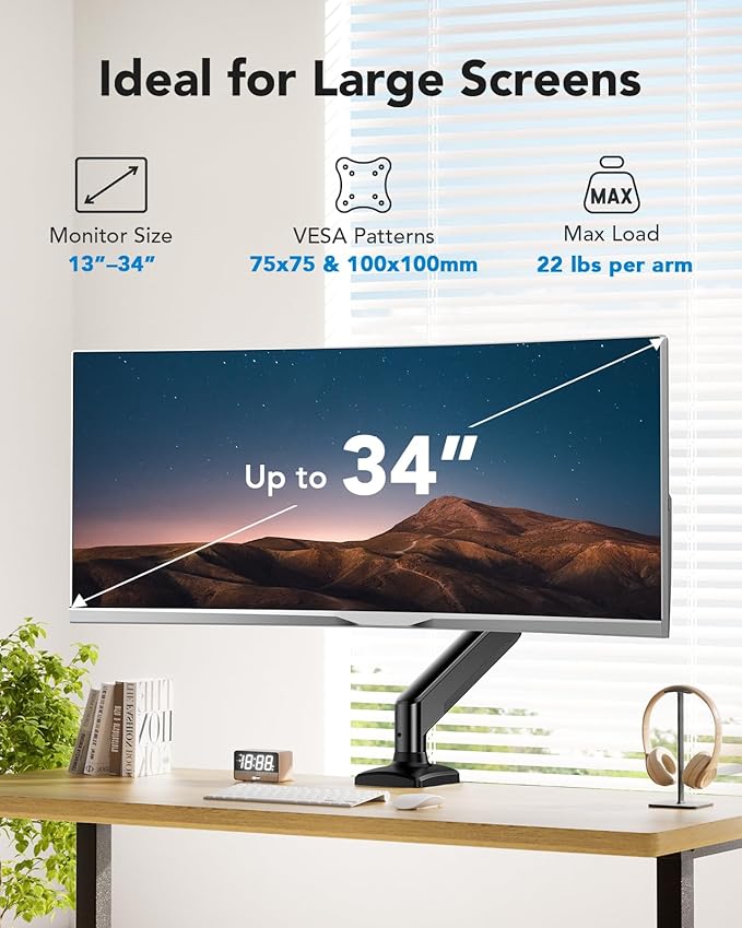 HUANUO Single Monitor Arm 13-34 Inch, Adjustable Gas Spring Arm, Monitor Desk Mount for 4.4-22lbs, VESA 75/100mm with C-Clamp/Grommet Base, Ergonomic Stand for Work/Gaming