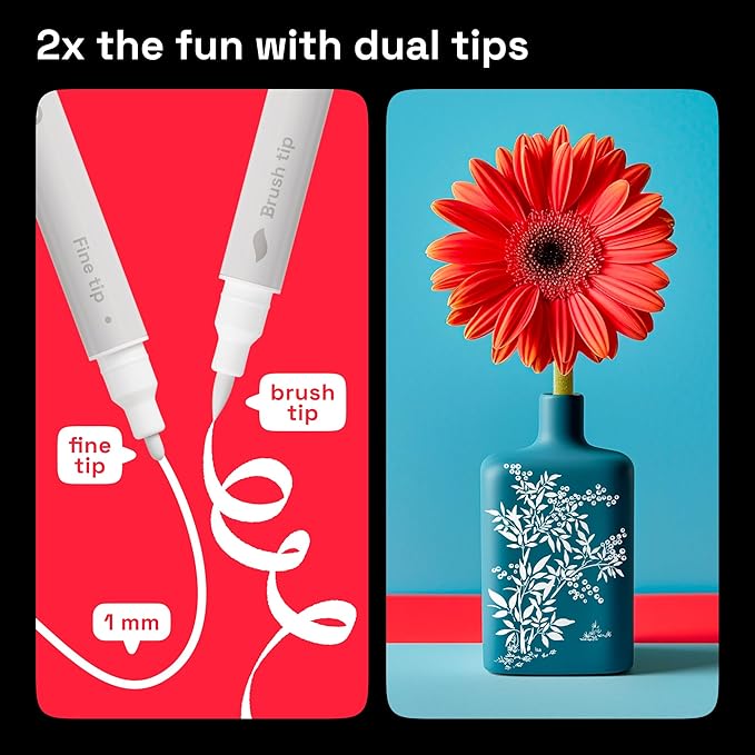 ARTISTRO 2 White Dual-Tip Acrylic Paint Pens - Multisurface Markers for Fabric, Plastic, & More, 1 mm Fine & Brush Tips