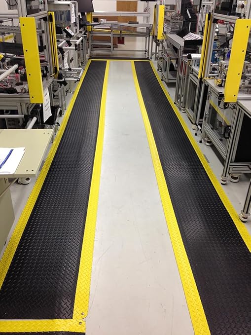 Wearwell 414.1516x2x12BYL Diamond-Plate SpongeCote UltraSoft Mat, 12' Length x 2' Width x 15/16" Thick, Black with Yellow