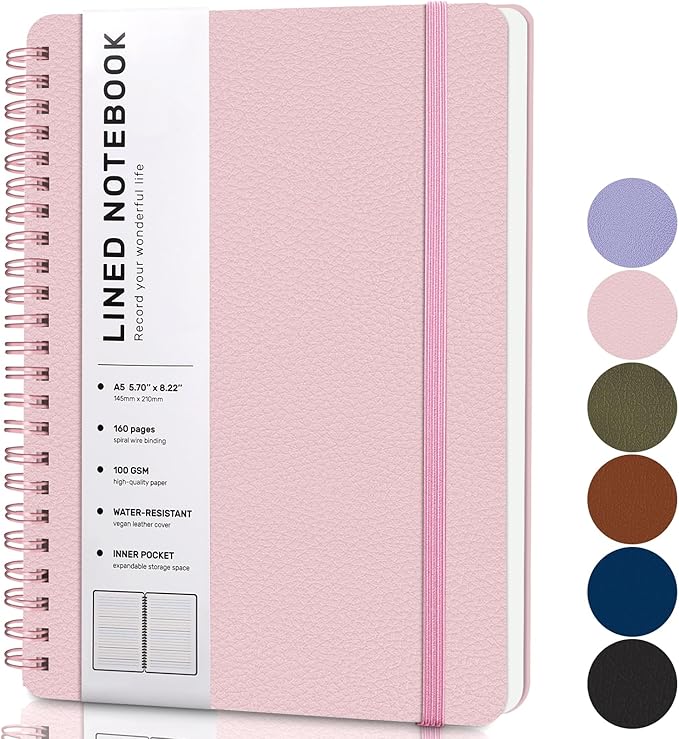 Lined Spiral Journal Notebook, A4 Hardcover Leather Notebook for Work, 8.5''×11'', 100GSM Thick Paper Spiral Bound Journaling Notebooks for Women & Men Office School Note Taking Business, Pink