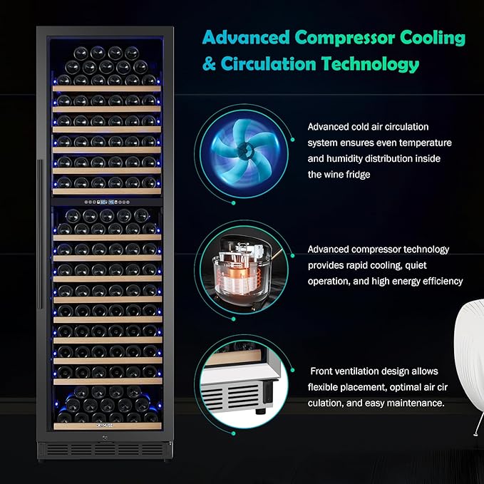 200 Bottle Dual Zone Wine Fridge – 24 Inch Large Capacity Wine Cooler Refrigerator Freestanding/Built-In with Upgraded Compressor, Low-Noise Wine Cellar & Intelligent Temperature Control - Black