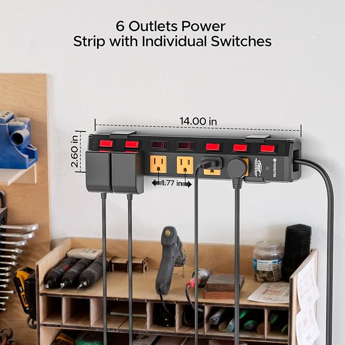 CRST 6 Outlet Metal Heavy Duty Power Strip with Individual Switches, 6FT Wall Mount Garage Power Strip, Surge Protector (1200 Joules), 15amp/1875W, 14AWG SJT Power Cord