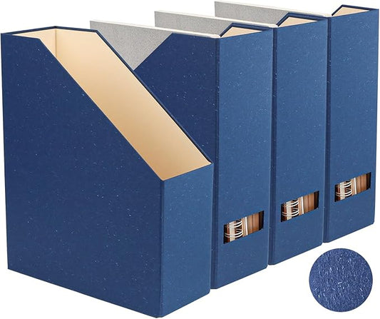 Magazine Holder - File Holder and Desk Organizer, Paperboard Book Organizer and Storage Box for Documents, Magazine Holder Rack for Classroom, Home, and Office (Classic Blue, 4-Pack)
