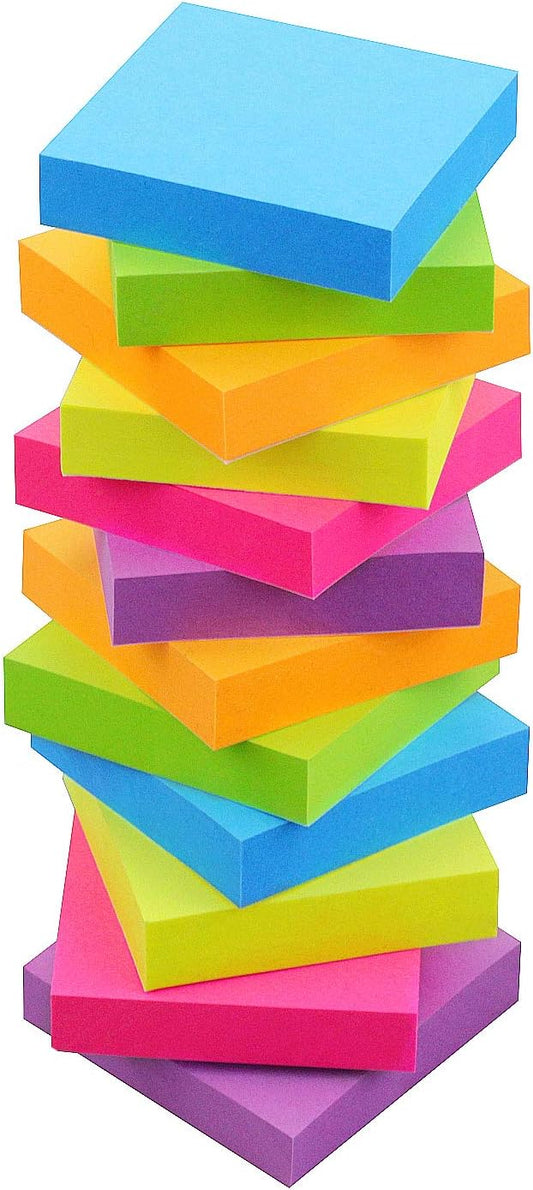 Sticky Notes 2x2, 6 Color Bright Colorful Sticky Pad, 12 Pads/Pack, 100 Sheets/Pad, Self-Sticky Note Pads (Green, Yellow, Blue, Orange, Purple, Rose)