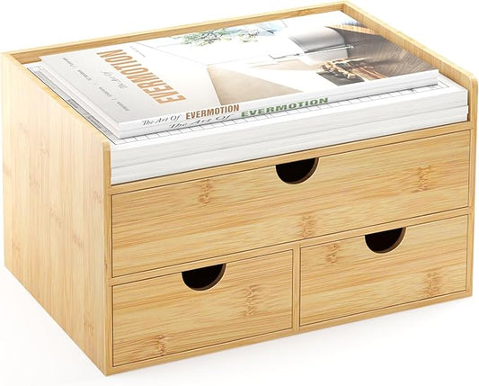 Desk Organizer With Drawers - Bamboo Wood Desktop Mail Organizer Storage Box for Office Home Bathroom Vanity Dresser Top, No Assembly Required (3 Drawers)