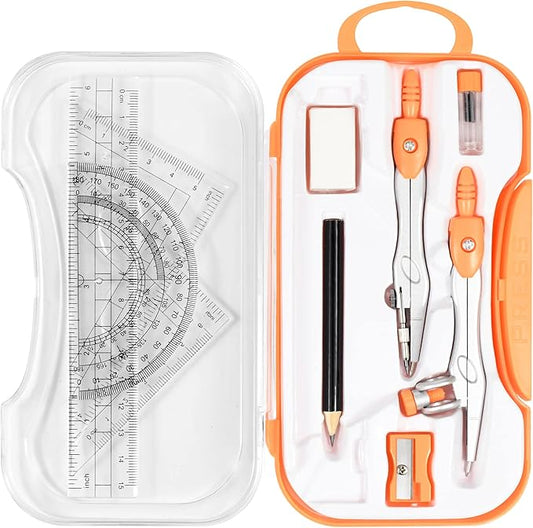 Math Geometry Kit Sets 10 Piece Student Supplies with Shatterproof Storage Box,Includes Rulers,Protractor,Compass,Eraser,Pencil Sharpener,Lead Refills,Pencil,for Drafting and Drawings（Orange）