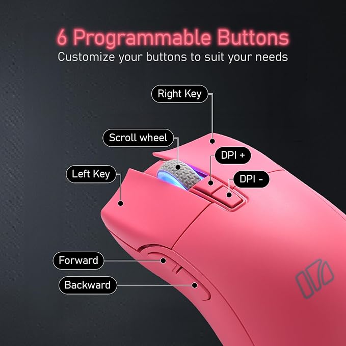 iRocks M31R Wireless Gaming Mouse, Triple Mode 2.4G/ Bluetooth/USB-C Detachable Cable Gaming Mouse, Kailh GM8.0 Mouse Switches, Advanced PixArt PAW3395 Optical Sensor, Up to 26,000 DPI - Pink