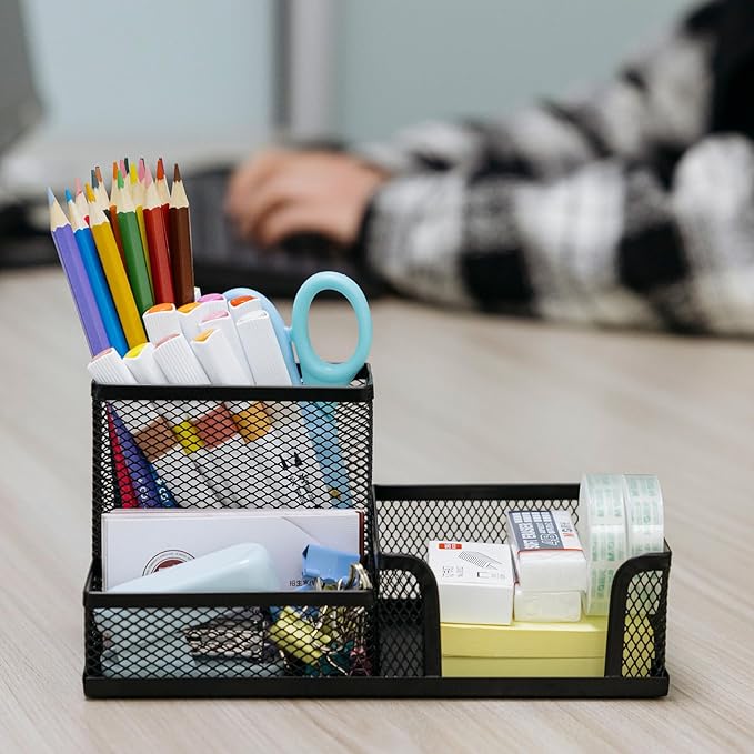 2 Pieces Pen Holder Mesh Metal Pencil Holder Desk Organizers Black for Desk Office with 3 Compartments Pencil Holders,Desktop Storage Caddy Organization,Suitable for School, Home,Black