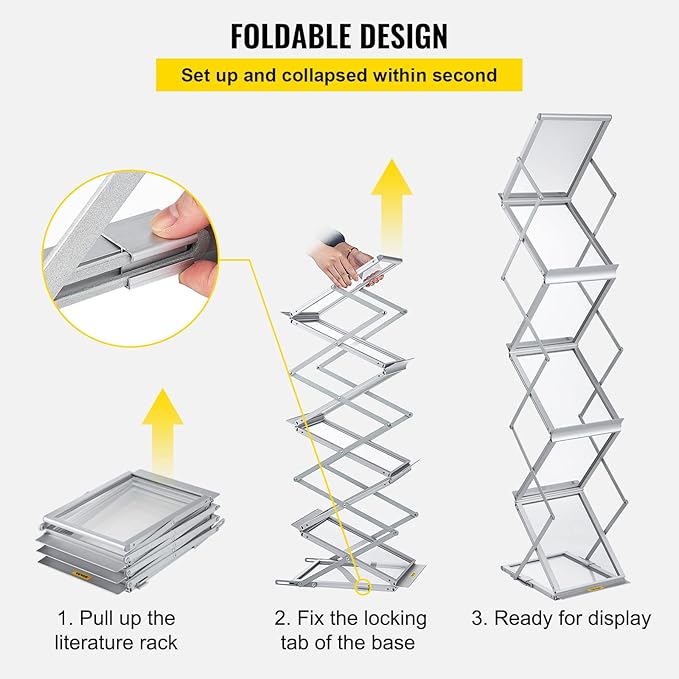 VEVOR Literature Rack, 6 Pockets, Pop up Aluminum Magazine Rack, Lightweight Catalog Holder Stand w/Carrying Bag for Living Room, Hotel, Trade Show, Exhibition, Office