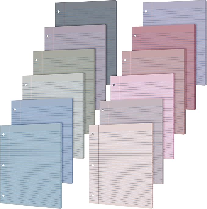 PerKoop 12 Pack 600 Sheets Colored Lined Paper Bulk Wide Ruled 8 x 10.5 Inches, Pastel Loose Leaf Notebook Paper 3 Hole Punched Filler for Back School Classroom Supplies(Elegant Color)